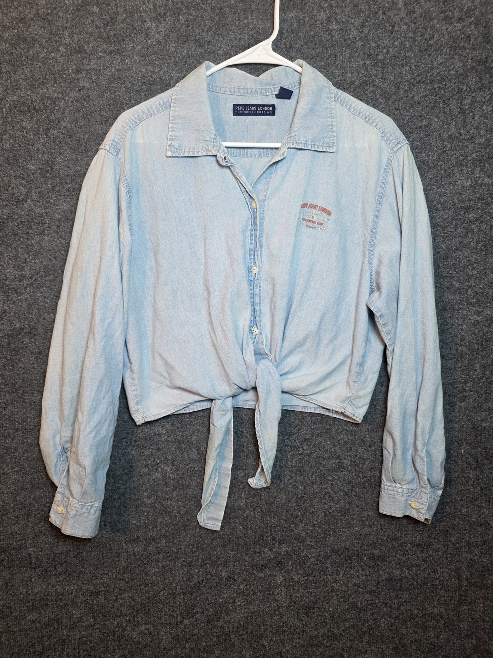 Vintage Pepe Jeans London Light Wash Denim Tie Front Crop Top Shirt Sz L 90s Y2K
